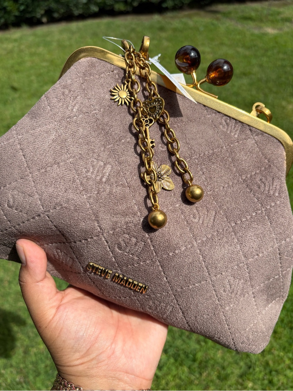 Steve Madden Taupe Quilted hand bag with Gold Charm Chain